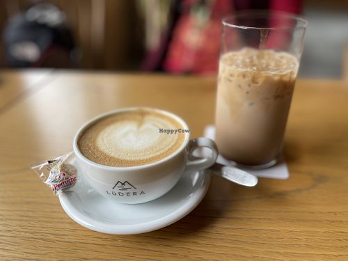 Oat milk latte and iced oat milk mocha latte    at LüDERA in Hakone
