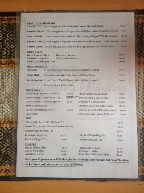Menu at Cafe Natures Blessing in Pushkar