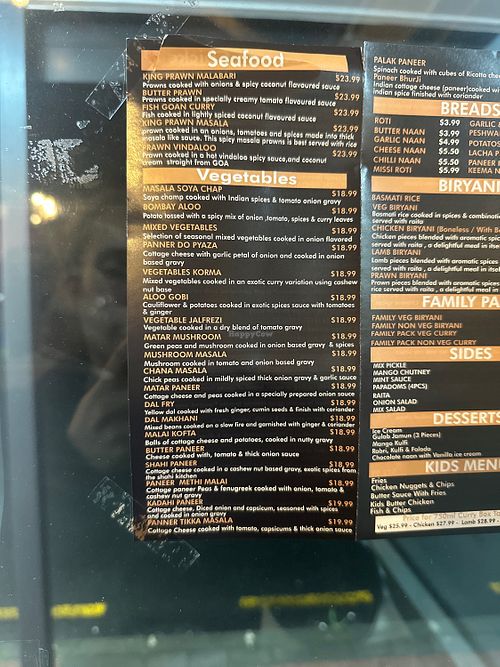 Veg menu  at Patiala Rocks in Auckland