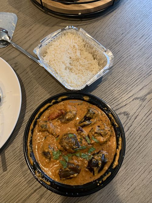 Vegan Bagara Baingan with basmati ricee  at Chakra Indian Cuisine in Morristown