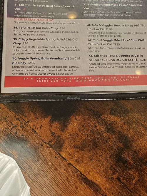 Menu at Pho Ngon in Norristown