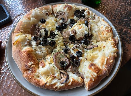 Mushroom pizza w/ vegan cheese, very filling at Eruption Brewery & Bistro in Lava Hot Springs