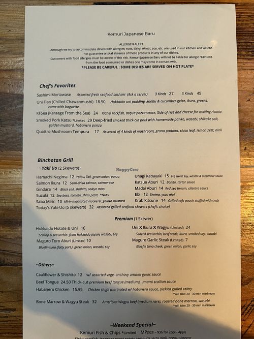 Menu  at Kemuri Japanese Barú in Redwood City