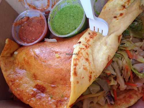 Vegan dosa with cabbage and carrots and 2 vegan chutneys at DC Dosa - Kiosk in Washington