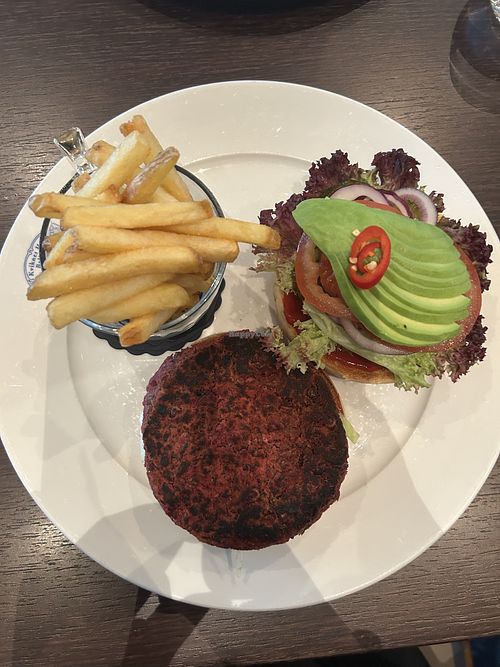 Lentil and beetroot burger with fries  at Kviknes Hotel balestrand in Balestrand