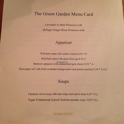 English Menu at The Green Garden in Salzburg