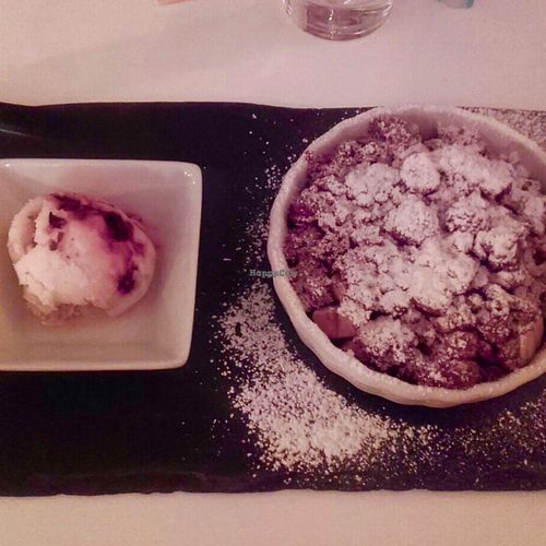 Chocolate pear crumble with ice cream - one of the most delicious desserts I've had! loved it! at The Green Garden in Salzburg