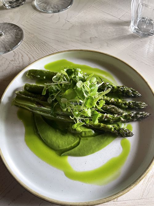 Roasted asparagus with pea and mint  at The Three Blackbirds in Newmarket