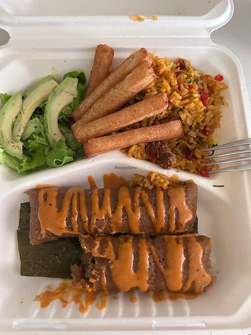 Impossible beef pasteles, rice, yuca fries and salad. at Planteles Plant-Based  in Secaucus