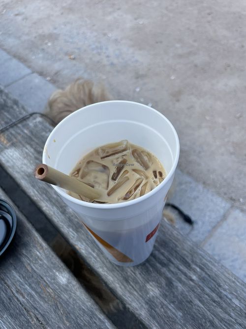 Iced decaf coconut latte grande in own cup with own straw 😋  at Starbucks  in Frankfurt