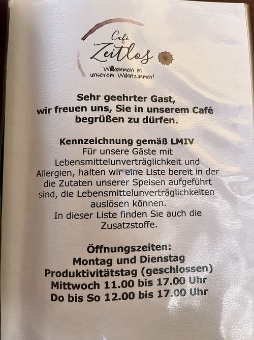 Opening Hours 2025  at Café Zeitlos in Rudolstadt