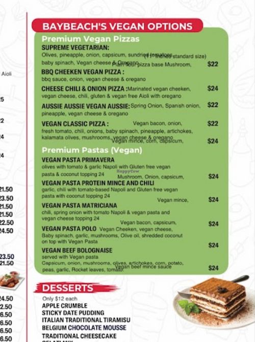 vegan section of menu   at Baybeach Italian Restaurant & Bar Lounge  in St Kilda