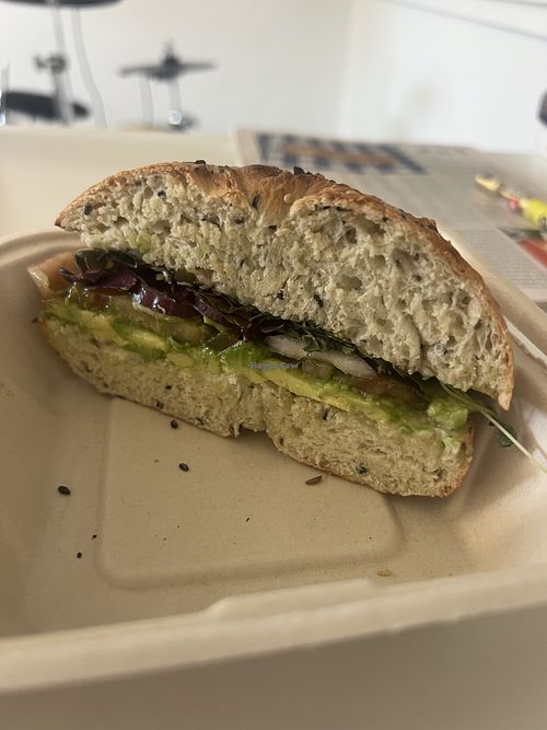 Avocado veg bagel, ask for vegan cream cheesee  at Haven Bagel in Bend