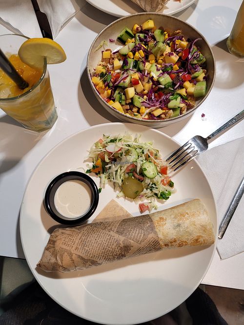 Munissa salad, falafel wrap and virgin mango mojito  at Munissa in Marrakech