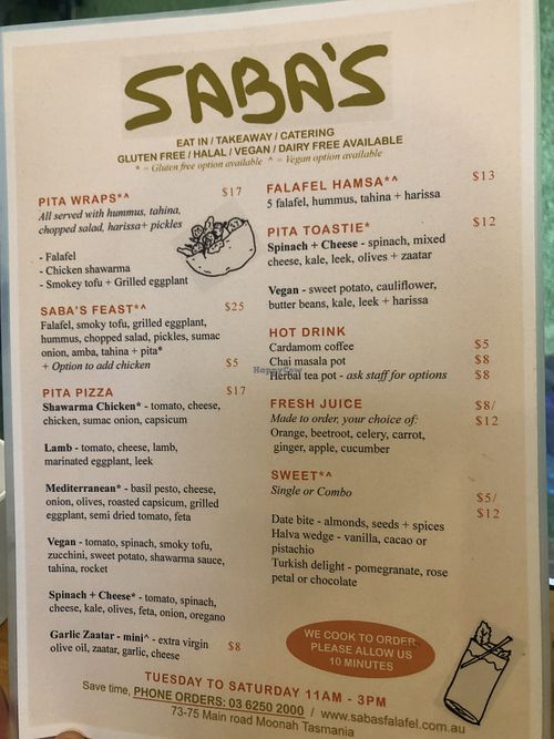 Menu 26/7/25  at Saba's Falafel in Moonah