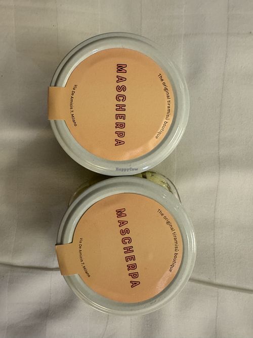 Two jars of vegan tiramisu   at Mascherpa in Milan