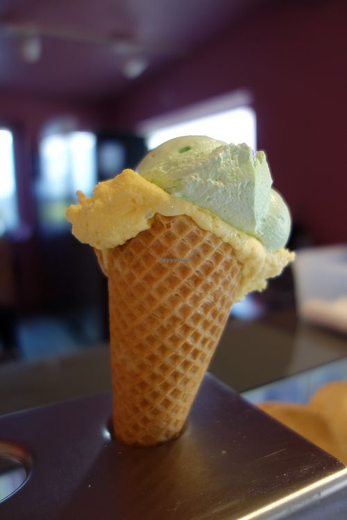 Orange with basil, and woodruff (both vegan) at Eiscafè Zuckersüß in Burg