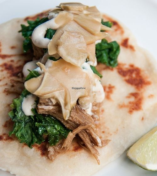 The naan taco with No Evil Foods Plant Meat at Blue Dream Curry in Asheville, NC at No Evil Foods in Asheville