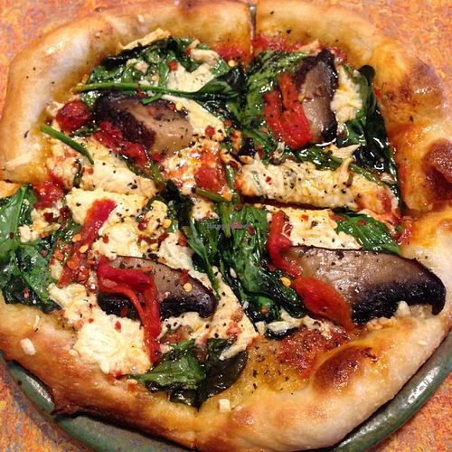 Create your own dairy free pizza! portobellos, spinach and roasted red peppers with red and white sauce! at Spin Neapolitan Pizza in Orange