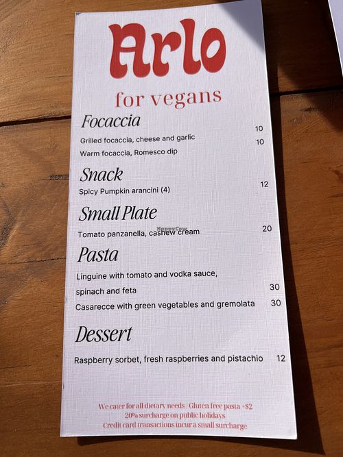 Vegan menu  at Arvo Wine Bar in Portarlington