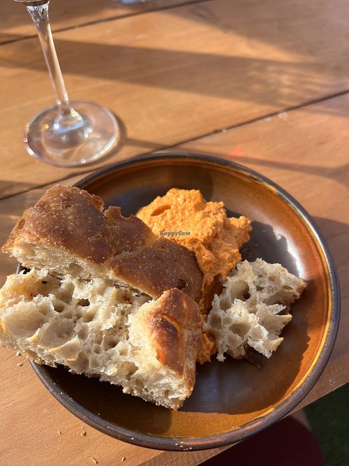 Warm focaccia and romesco dip  at Arvo Wine Bar in Portarlington