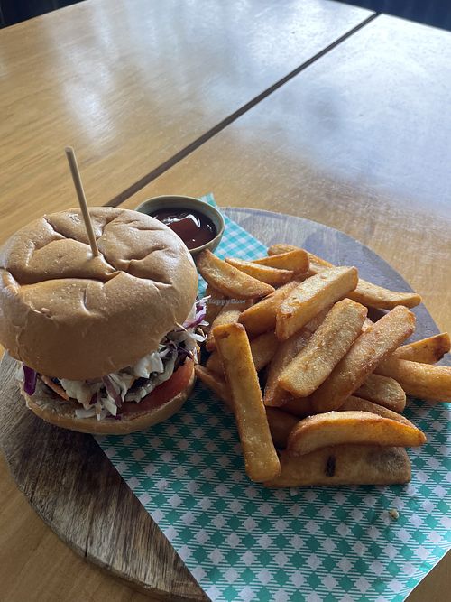 V2 vegan burger and massive chunky chips.  So yum!   at The Sandbar in Cape Tribulation