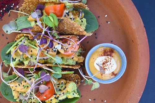 crispy shell tacos | corn and avocado guacamole | chipotle | cashew sour cream | capsicum & coriander salsa at Marie Anita's in Gold Coast
