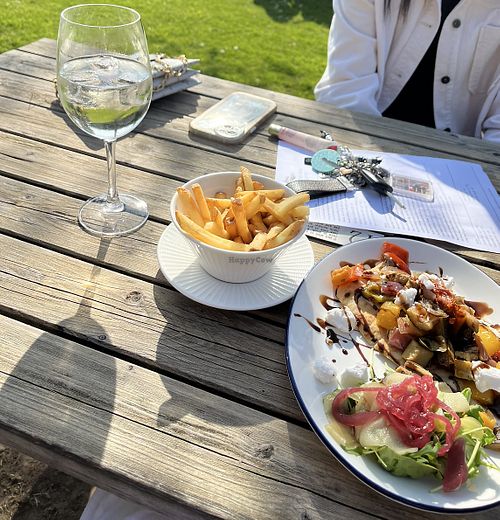 Vegan Mediterranean flatbread and fries    at Glasfryn  in Mold