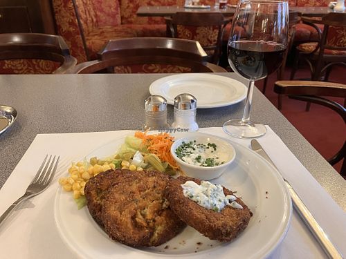 Vegan Patties with Soy-yoghurt n chives sauce.   at Kaffee Konditorei Monarchie in Vienna