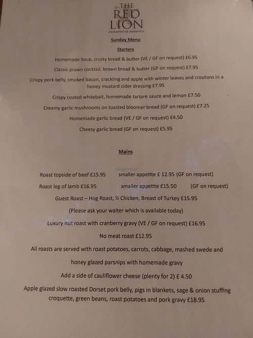 Sunday menu at Red Lion Inn in Wimborne