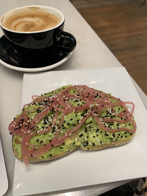 Avocado toast and oat milk lattee  at LOKL CAFE in Morristown