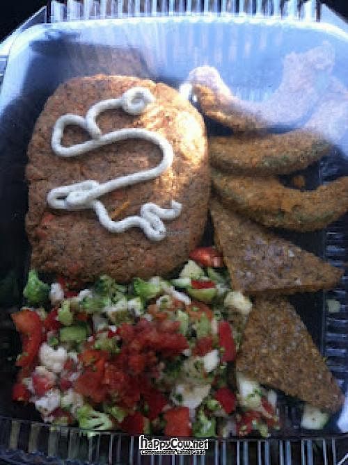 Salmon cake with fries at Go Raw Cafe - Windmill Lane in Las Vegas