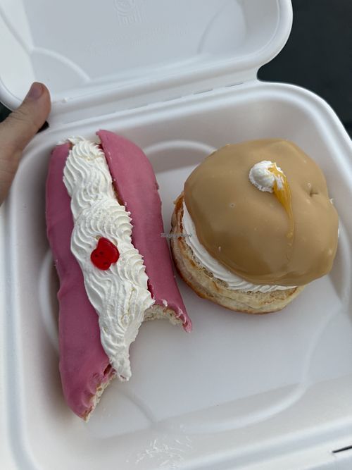 Strawberry jam crème eclair and a caramel lime crème donut   at Go Nuts on Donuts in Christchurch