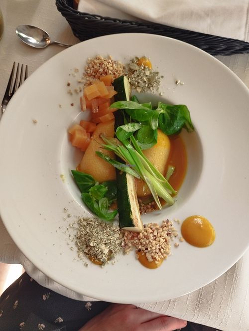 Corn stew with caramelized kohlrabi, leek, hazelnuts, pumpkin sauce with green pepper at Oštarija Herbelier in Dolenjske Toplice