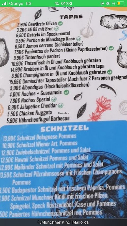 Haben alle veganen Tapas bestellt und dazu Bratkartoffeln und Gemüse (steht auf der Speisekarte unter Beilagen). War sehr lecker😄 at Münchner Kindl Strandfigur in Mallorca
