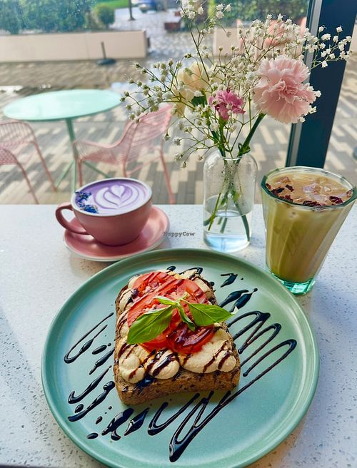 Hummus toast, uber latte (not caffeinated), rose cardamom latte    at 1 Oz Coffee  in Santa Clara