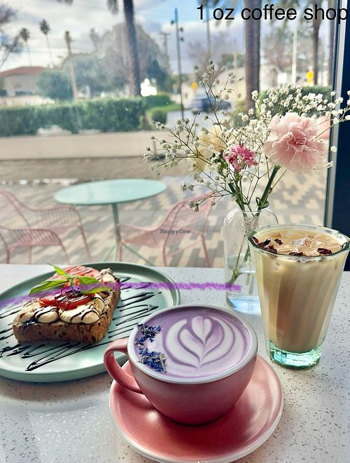 Ube latte, rose cardamom latte, and hummus toast   at 1 Oz Coffee  in Santa Clara