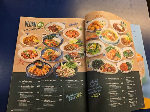 Vegan menu page at SEE FAH Restaurant in Bangkok