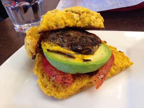 Breakfast sandwich with vegan sausage patty on pumpkin muffin bread at LUNCH Cafe and Eatery in Fairbanks