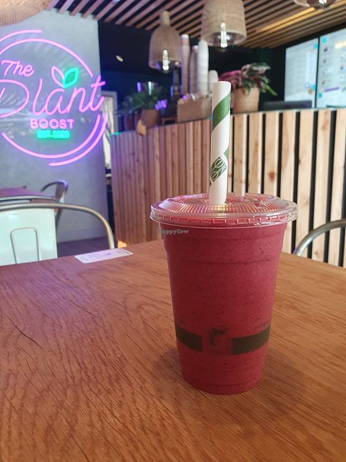 Fresh Berry Smoothie: Beetroot powder, banana, strawberry, blueberry, raspberry, goji berries, vanilla, agave, coconut milk at The Plant Boost in Wilmslow