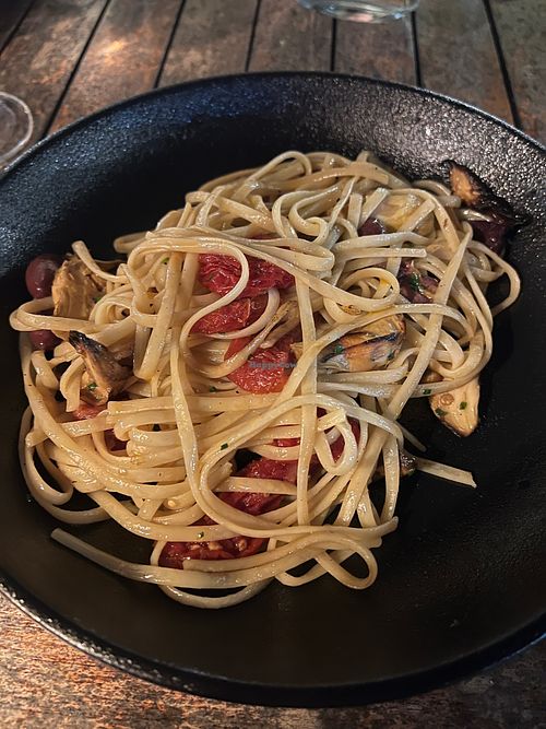 This is the vegan olive and artichoke linguine. at Simon's Restaurant in Constantia