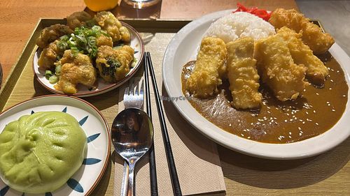 Curry rice with veggie bao and broccoli tempura   at Bao Button in Philadelphia