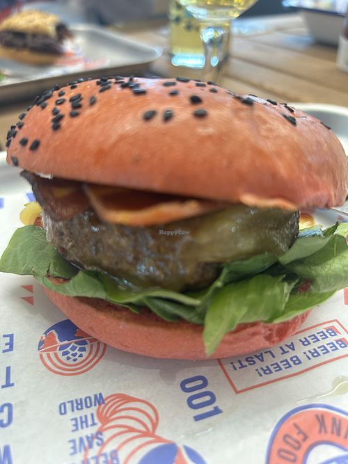 Beyond burger with applewood smoked cheeze.  at BrewDog - Belfast Grand Central Station in Belfast