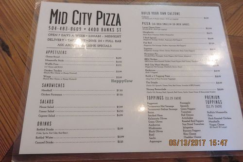 menu at Mid City Pizza in New Orleans
