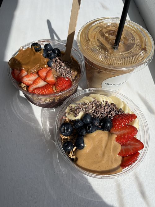 Classic açai bowl and oat iced latte  at The Acai Grove in Chester