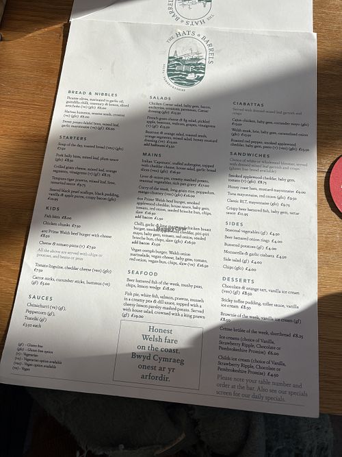 Menu  at The Hats and Barrels  in Harverfordwest