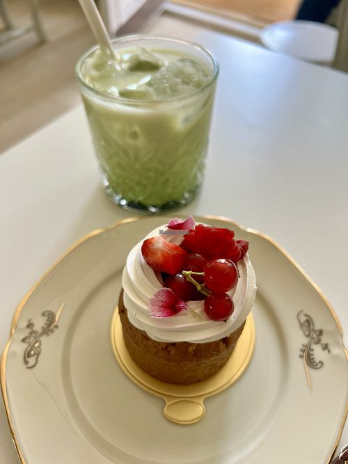 Passionfruit cake & iced matcha  at Vegalicious Pastry in Helsinki