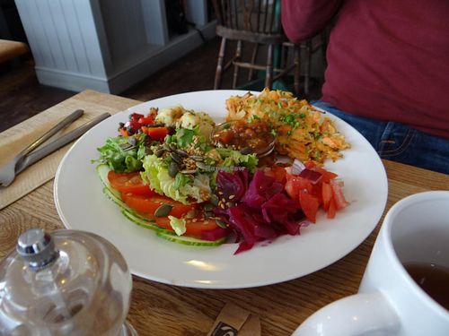 Vegan fritters with salad at Laportes in Lewes