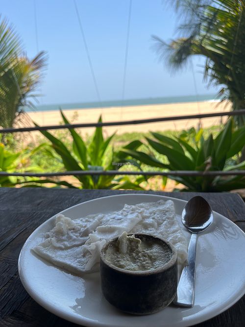 My favourite breakfast: Neer Dosa made of rice and coconut, served with coconut chutney and vegetable sambhar (stew) at The Meraki Beach Resort in Karnataka