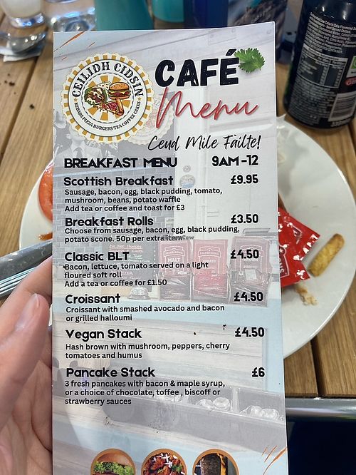 Breakfast menu with vegan stack  at Ceilidh Cidsin - Benbecula Airport in Benbecula